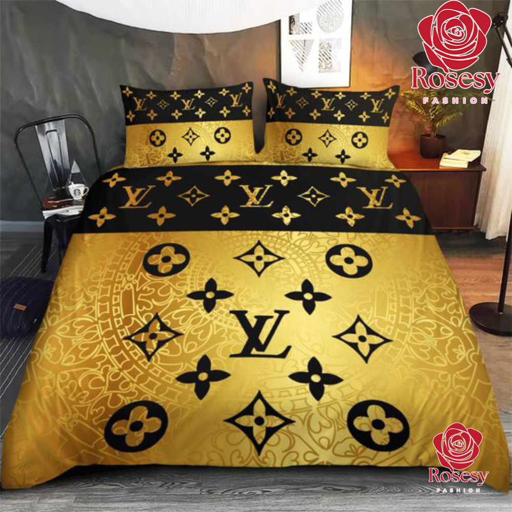 Louis Vuitton Gold Logo Brand Bedding Set Home Decor Bedspread Luxury  Bedroom, by SuperHyp Store