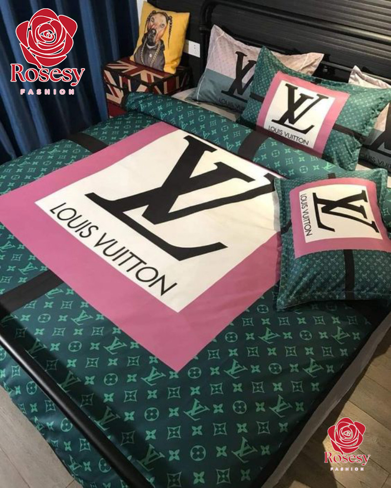 Cheap Green And PinkLv Bed Sheets, Louis Vuitton Logo Duvet Cover