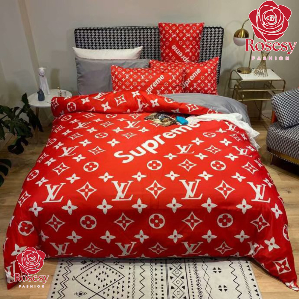 Quality Fashion Comfortable Louis Vuitton X Supreme Gucci Design Real Silk  4 Pieces Bedding Set Bed Sheet Quilt Cover