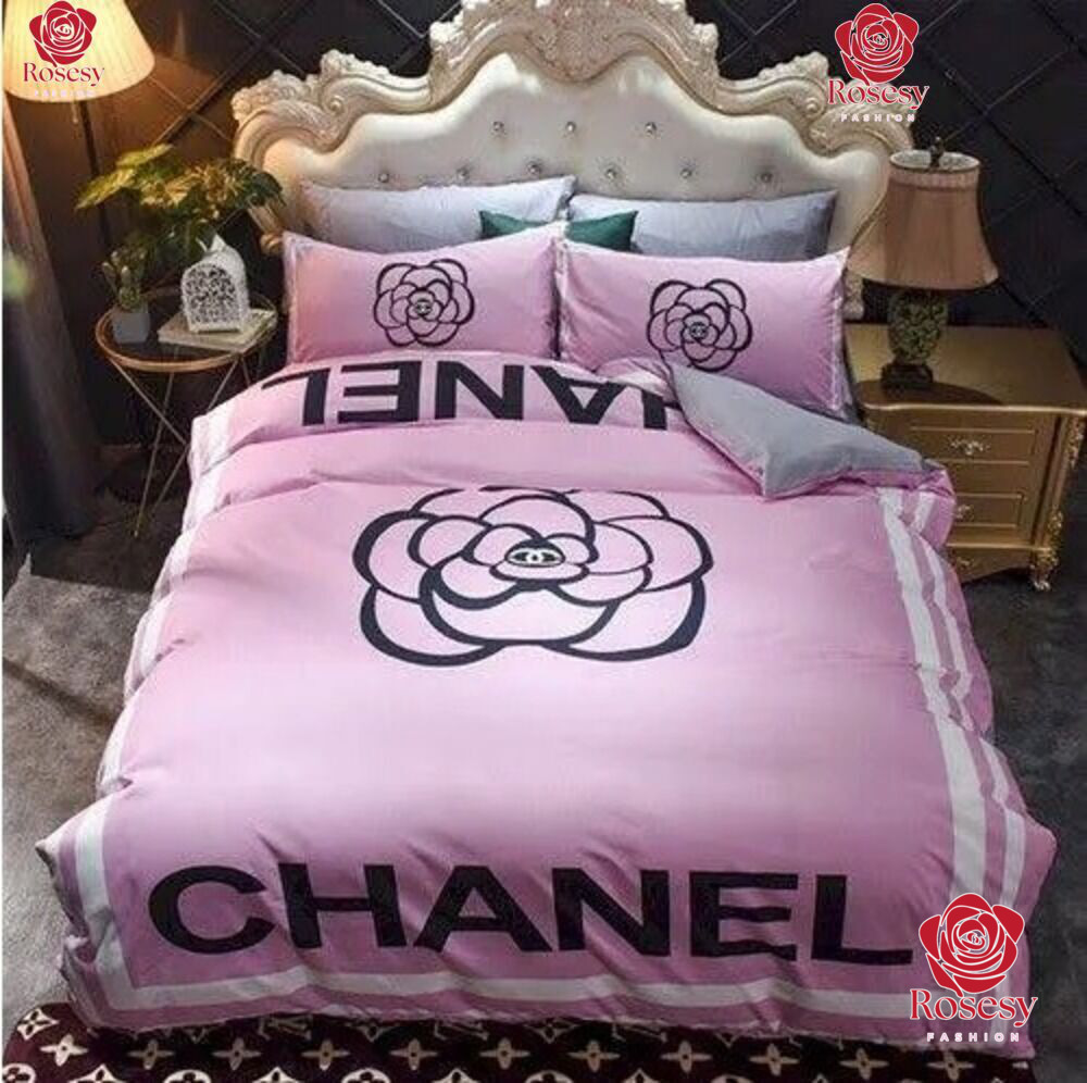 Pink Chanel Camellia Bedding Set Chanel Bedroom Set For Luxury Bedroom   Rosesy