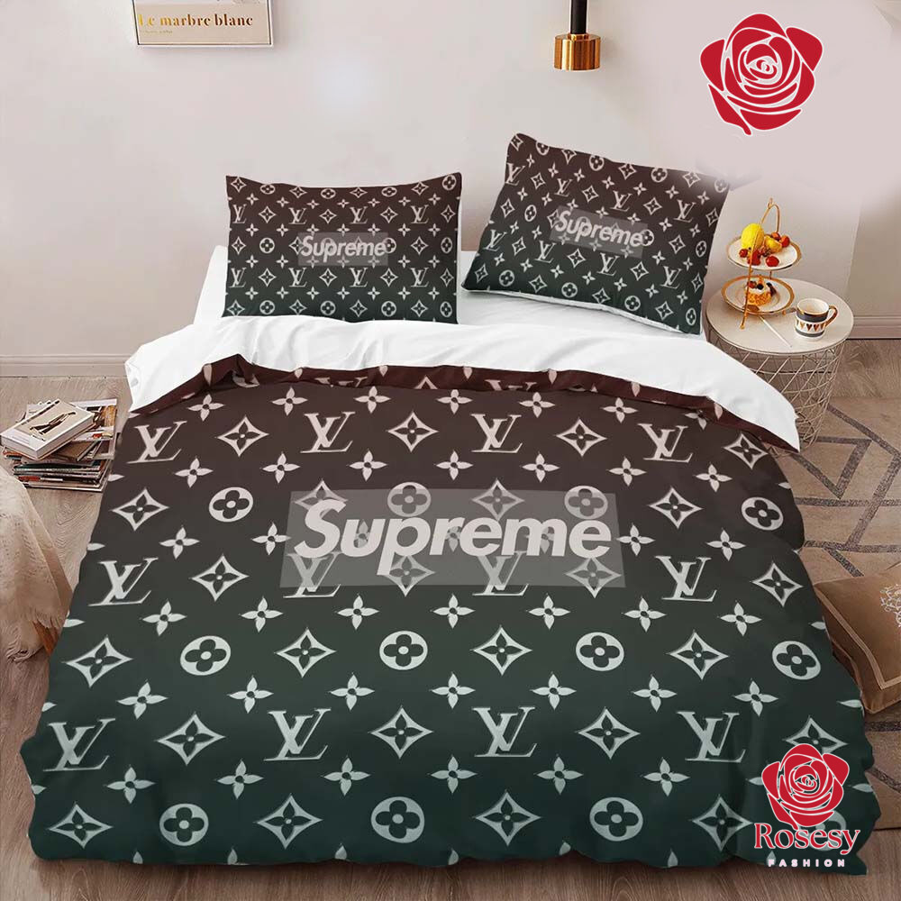 Louis vuitton bear supreme luxury brand bedding set bedspread duvet cover  set hot 2023 home decor