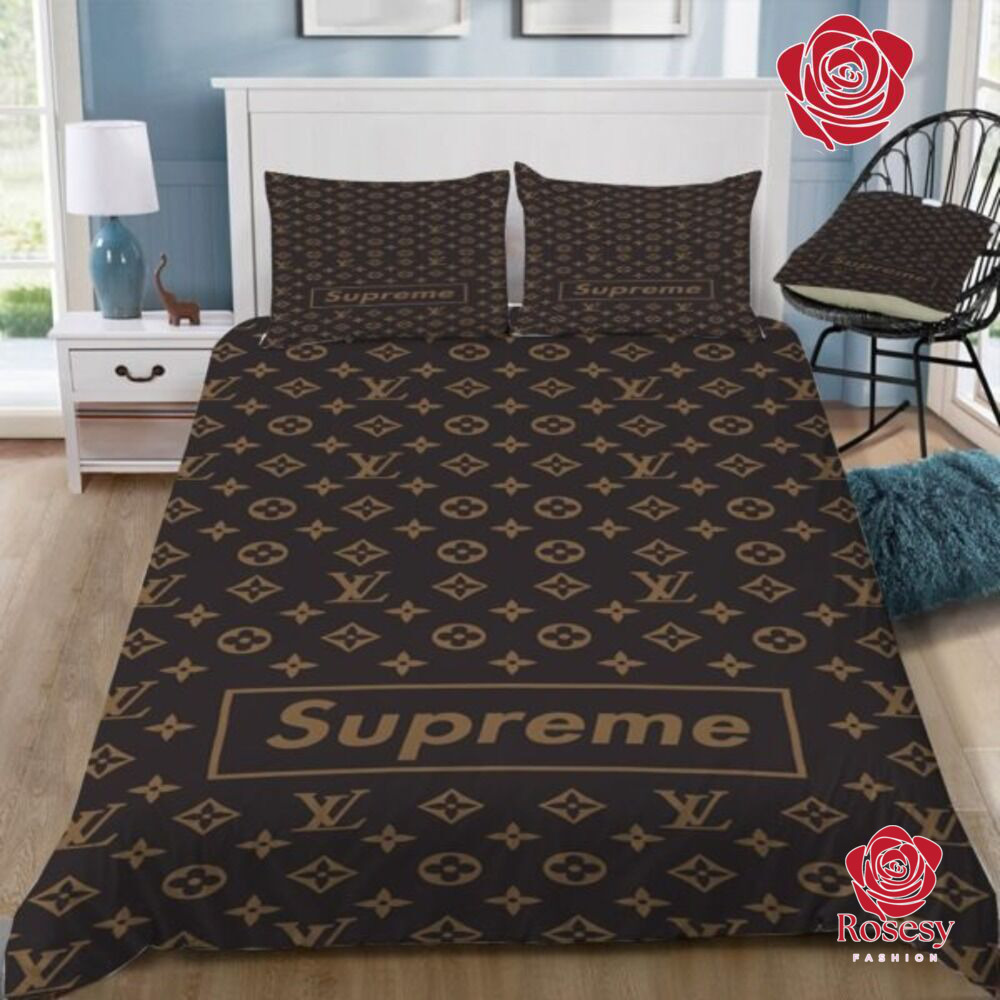 Quality Fashion Comfortable Louis Vuitton X Supreme Gucci Design Real Silk  4 Pieces Bedding Set Bed Sheet Quilt Cover