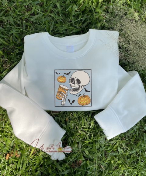 Halloween Skeleton Drinks Coffee Embroidered Crewneck