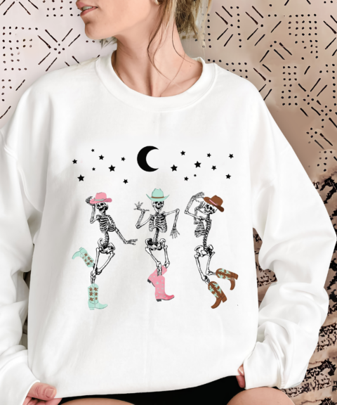 Halloween Dancing Cowboy Skeleton Crewneck Sweatshirt