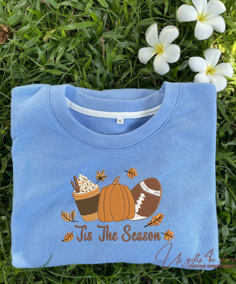 Fall Season Embroidered Tis The Sea And Coffee Crewneck