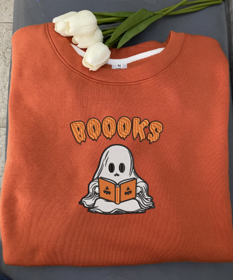 Halloween Embroidered Cute Ghost Boo Reads Book Crewnec