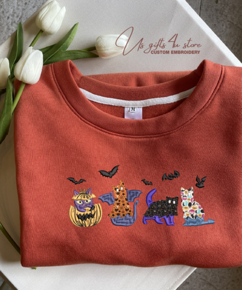 Halloween Embroidered Funny Black Cats Ghost Crewneck