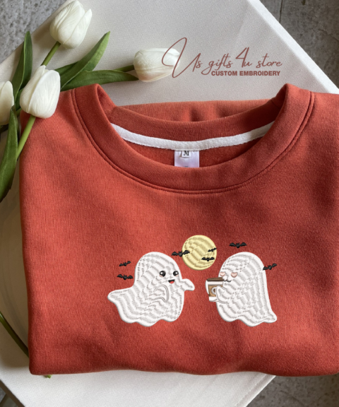 Halloween Couple Ghost Boo And Coffee Embroidered Crewneck