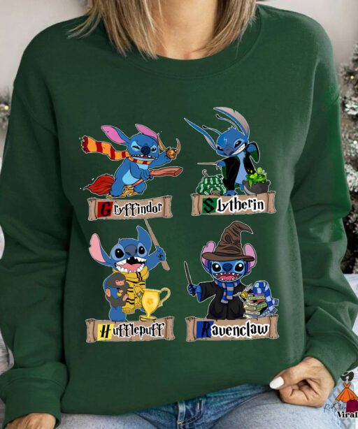 Harry Potter Stitch With Hogwarts Four Houses Sweatshirt, Christmas Gift For Family