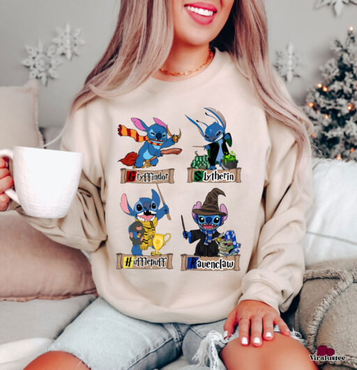 Harry Potter Stitch With Hogwarts Four Houses Sweatshirt, Christmas Gift For Family