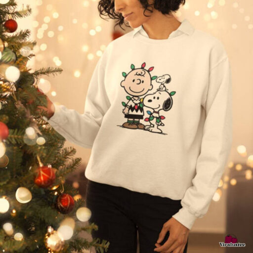 Charlie Brown and Snoopy Wrapped In Christmas Lights Crewneck Sweater