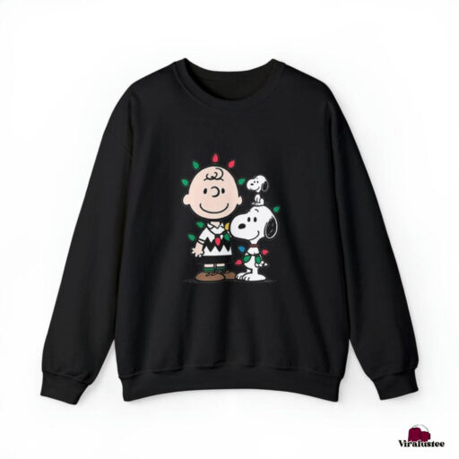 Charlie Brown and Snoopy Wrapped In Christmas Lights Crewneck Sweater