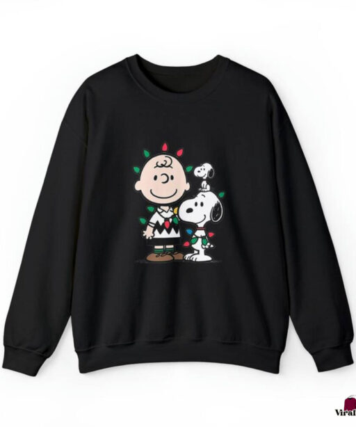 Charlie Brown and Snoopy Wrapped In Christmas Lights Crewneck Sweater