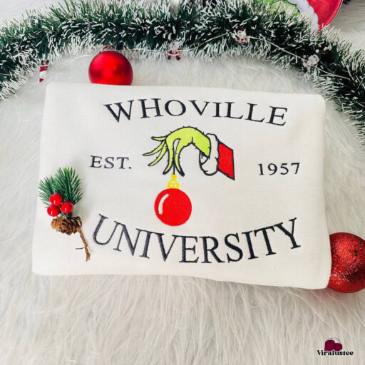 Grinch Christmas Sweatshirt, Christmas Whoville University Embroidered Sweatshirt