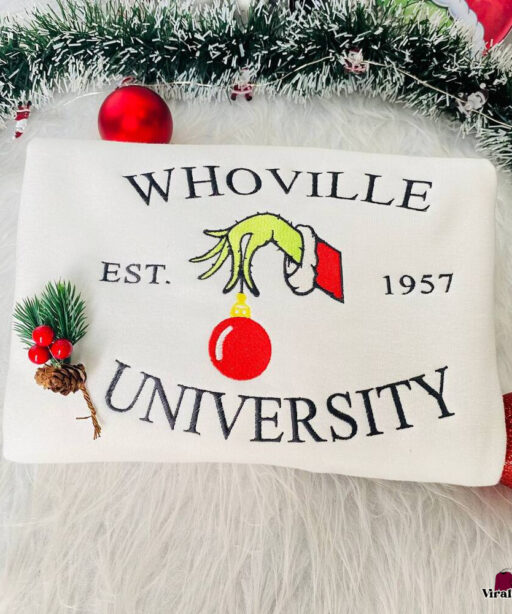 Grinch Christmas Sweatshirt, Christmas Whoville University Embroidered Sweatshirt