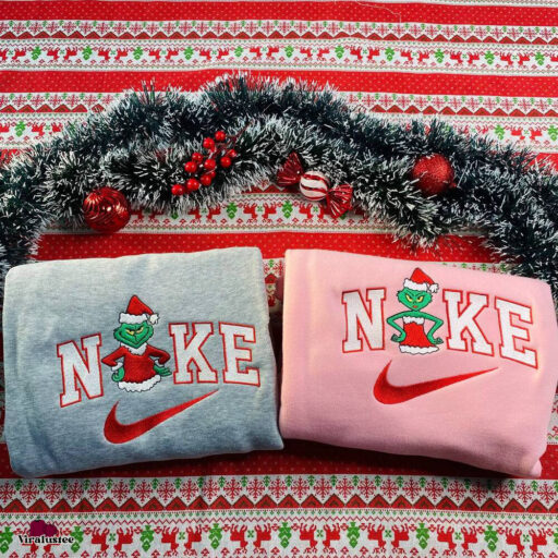 Grinch Couple Christmas Nike Embroidered Sweatshirt , Grinch Embroidered Sweatshirt