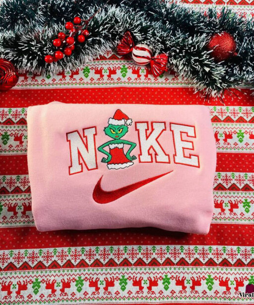 Grinch Couple Christmas Nike Embroidered Sweatshirt , Grinch Embroidered Sweatshirt