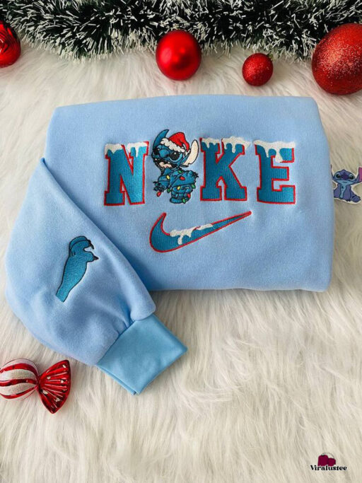 Stitch Christmas Nike Embroidered Sweatshirt, Nike Embroidery Sweatshirt Couple