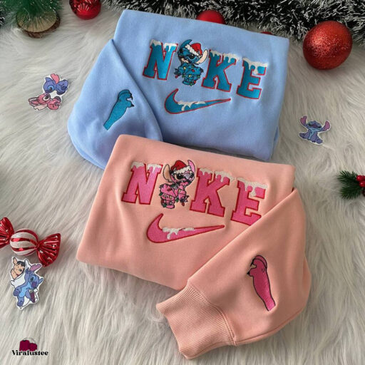 Stitch Christmas Nike Embroidered Sweatshirt, Nike Embroidery Sweatshirt Couple