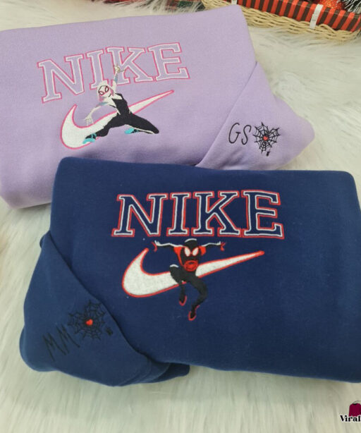 Cute Spiderman Miles Morales and Gwen Stacy Nike Embroidered Sweatshirts, Nike Embroidery Matching