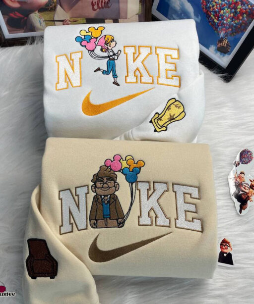 Cute Up Movie Carl And Ellie Nike Embroidered Sweatshirts, Nike Embroidery Matching Sweatshirts