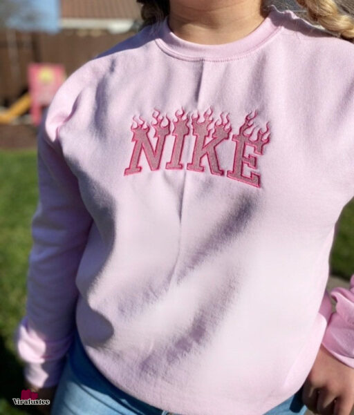 Customized Pink Flame Nike Embroidered Sweatshirts, Perfect Gift For Her