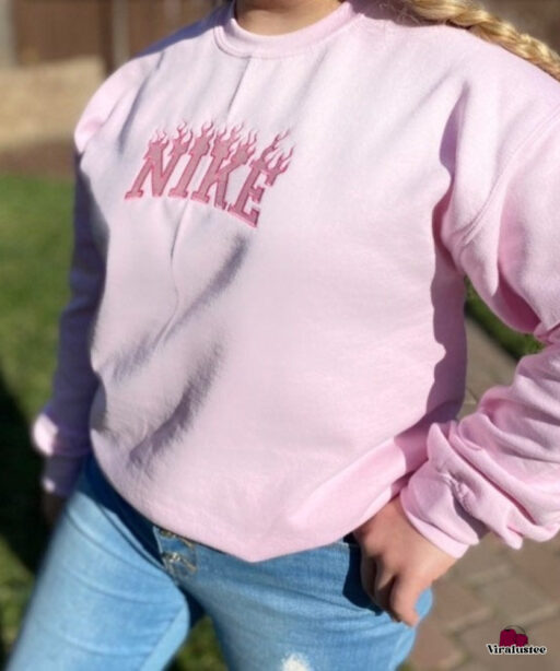 Customized Pink Flame Nike Embroidered Sweatshirts, Perfect Gift For Her