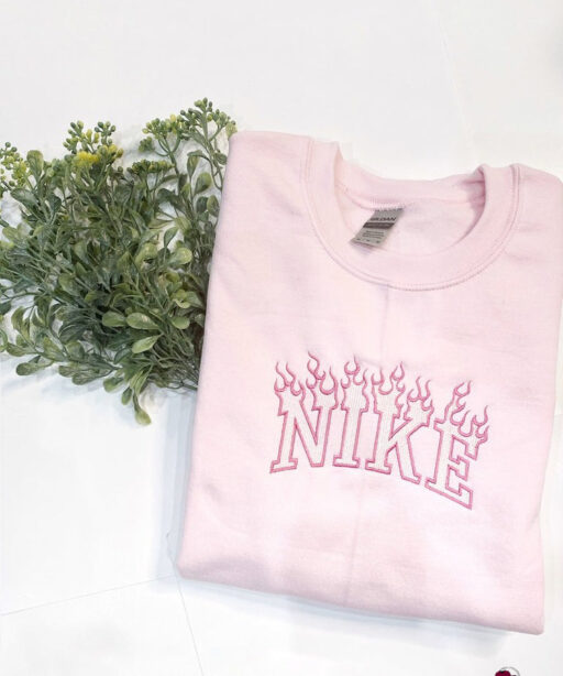 Customized Pink Flame Nike Embroidered Sweatshirts, Perfect Gift For Her