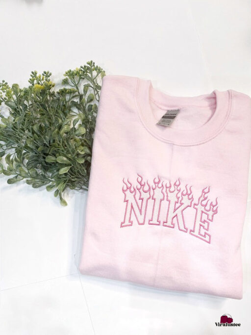 Customized Pink Flame Nike Embroidered Sweatshirts, Perfect Gift For Her