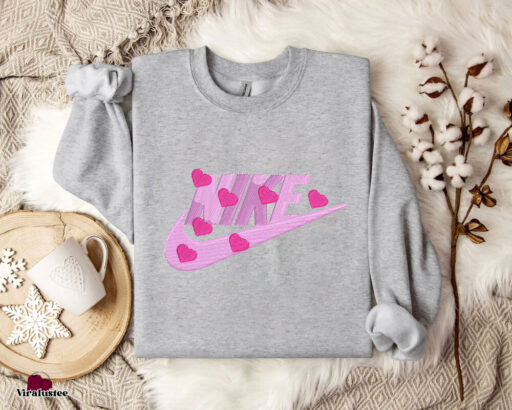 Customized Pink Heart Nike Embroidered Sweatshirts, Personalized Gift For Him