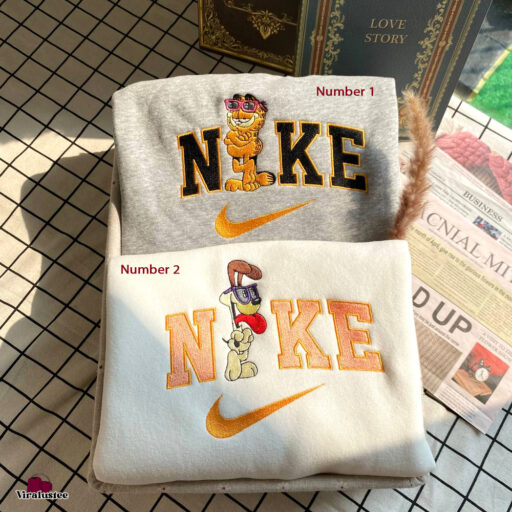 Cute Garfield Cat And Odie Nike Embroidered Sweatshirts , Nike Matching Embroidery