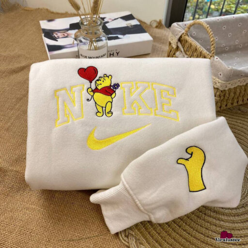 Cute Pooh Bear And Piglet Nike Embroidered Sweatshirts, Nike Couple Embroidery