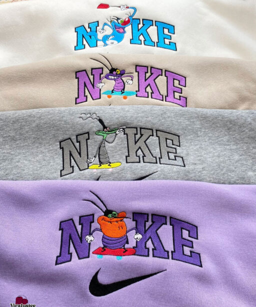 Cute Oggy And The Cockroaches Nike Embroidered Sweatshirts , Nike Embroidery Matching