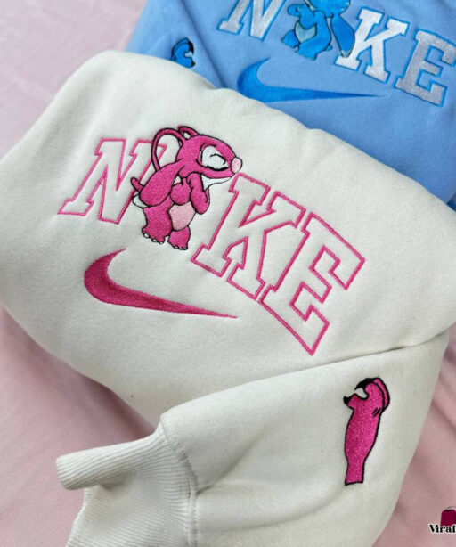 Cute Stitch And Angel Nike Embroidery Sweatshirts, Nike Embroidery Matching