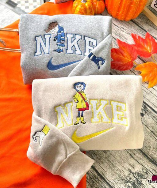 Spooky Coraline And Wybie Nike Embroidered Sweatshirt For Halloween, Halloween Shirts For Women, Nike Halloween Shirt , Custom Embroidered Nike Sweatshirt