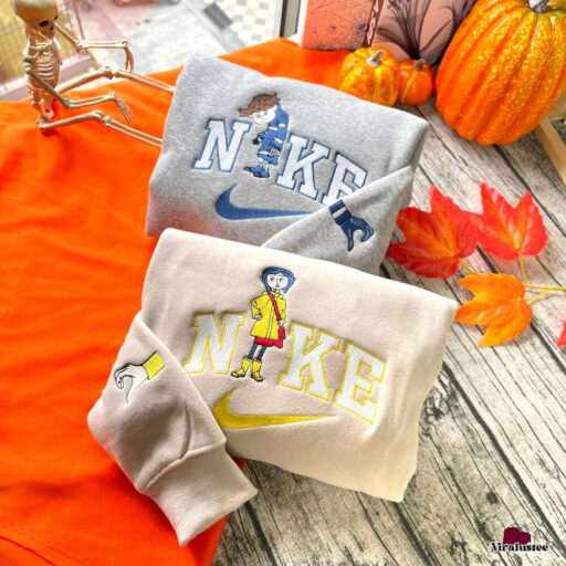 Spooky Coraline And Wybie Nike Embroidered Sweatshirt For Halloween, Halloween Shirts For Women, Nike Halloween Shirt , Custom Embroidered Nike Sweatshirt