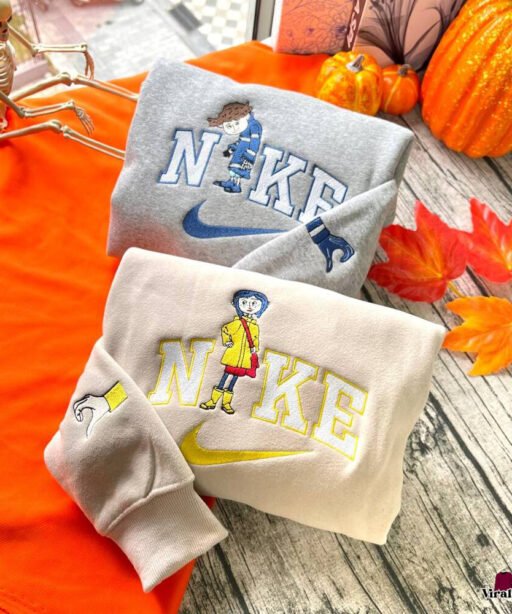 Spooky Coraline And Wybie Nike Embroidered Sweatshirt For Halloween, Halloween Shirts For Women, Nike Halloween Shirt , Custom Embroidered Nike Sweatshirt