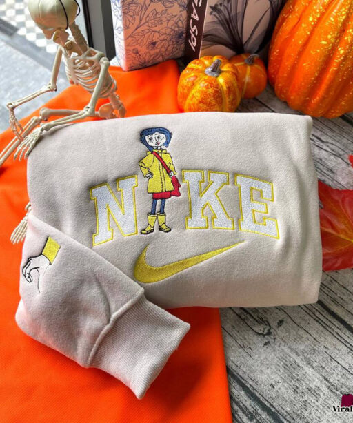 Spooky Coraline And Wybie Nike Embroidered Sweatshirt For Halloween, Halloween Shirts For Women, Nike Halloween Shirt , Custom Embroidered Nike Sweatshirt