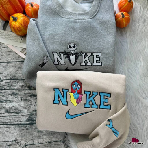 Spooky Jack Skellington And Sally Halloween Nike Embroidered Sweatshirts, Nike Crewneck Embroidered Sweatshirt, Halloween Sweatshirts