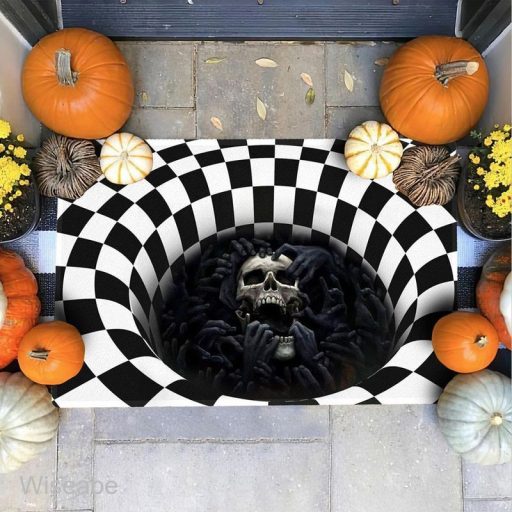 Horror Skull And Hell Black White Plaid 3D  Illusion Halloween Doormat , Halloween Front Door Decoration