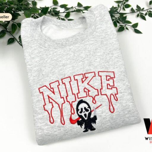Nike Ghostface Embroidered Sweatshirt, Embroidered Sweatshirt, Scream Embroidered Sweatshirt, Horror Movie, Halloween Gift