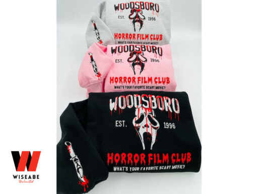 Embroidered Halloween embroidery sweatshirt/ Scream Horror Fils Club Season, Y2K Style Crewneck Favorite Movie, Woodsboro, sleeve message