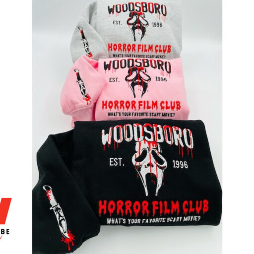 Embroidered Halloween embroidery sweatshirt/ Scream Horror Fils Club Season, Y2K Style Crewneck Favorite Movie, Woodsboro, sleeve message