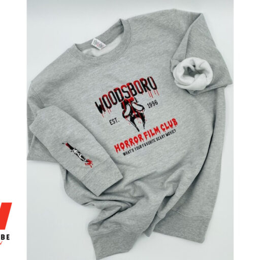Embroidered Halloween embroidery sweatshirt/ Scream Horror Fils Club Season, Y2K Style Crewneck Favorite Movie, Woodsboro, sleeve message