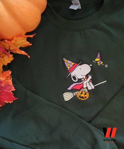 Snoopy and Woodstock Witch Riding Broom Pumpkin Halloween Embroidered Sweatshirt, Halloween Embroidered Shirt