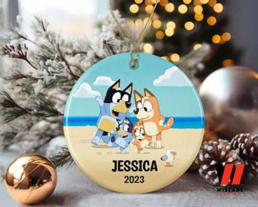 Blue Dog Family Round Ceramic Christmas Ornament, Gift for Family Christmas