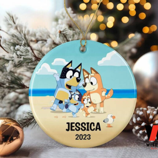 Blue Dog Family Round Ceramic Christmas Ornament, Gift for Family Christmas