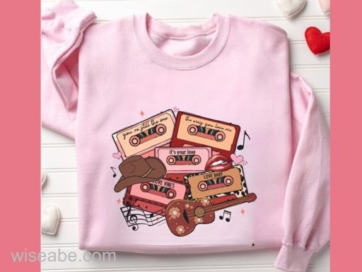 Wiseabe Western Valentines Day Sweatshirt, Retro Cassette Country Sweatshirt, Cowgirl Valentines, Zach Bryan Collection Shirt