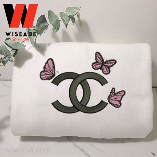 Wiseabe Cheap Pink Butterfly Chanel Logo Embroidered Sweatshirt, Chanel Inspired Shirt Womens