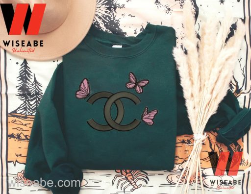 Wiseabe Cheap Pink Butterfly Chanel Logo Embroidered Sweatshirt, Chanel Inspired Shirt Womens